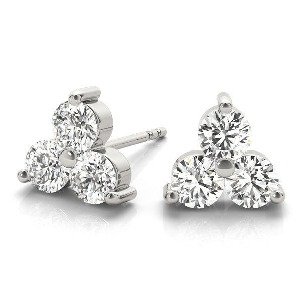 14K White Gold Round Diamond Three Stone Earrings