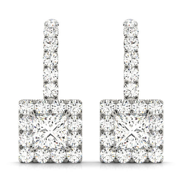 14K White Gold Square Diamond Halo Earrings