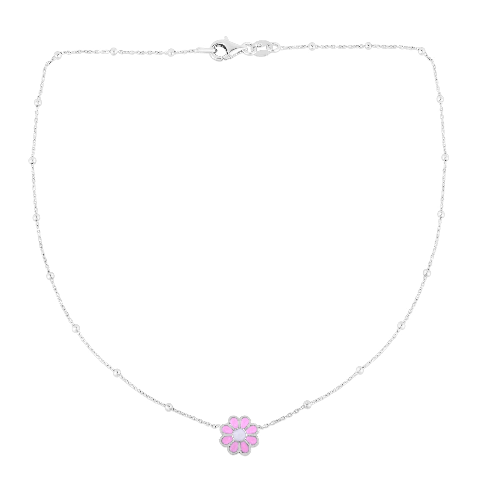Silver Enamel Pink Flower Necklace
