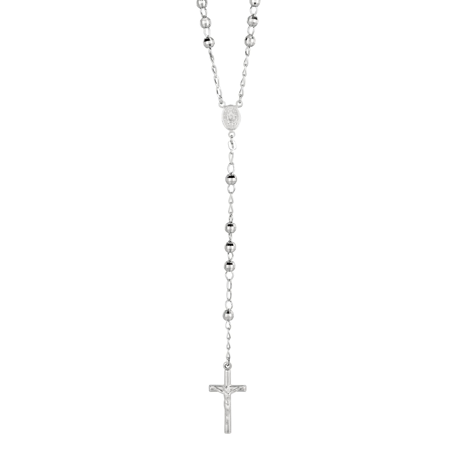 Silver Diamond Cut Large Bead Rosary Necklace