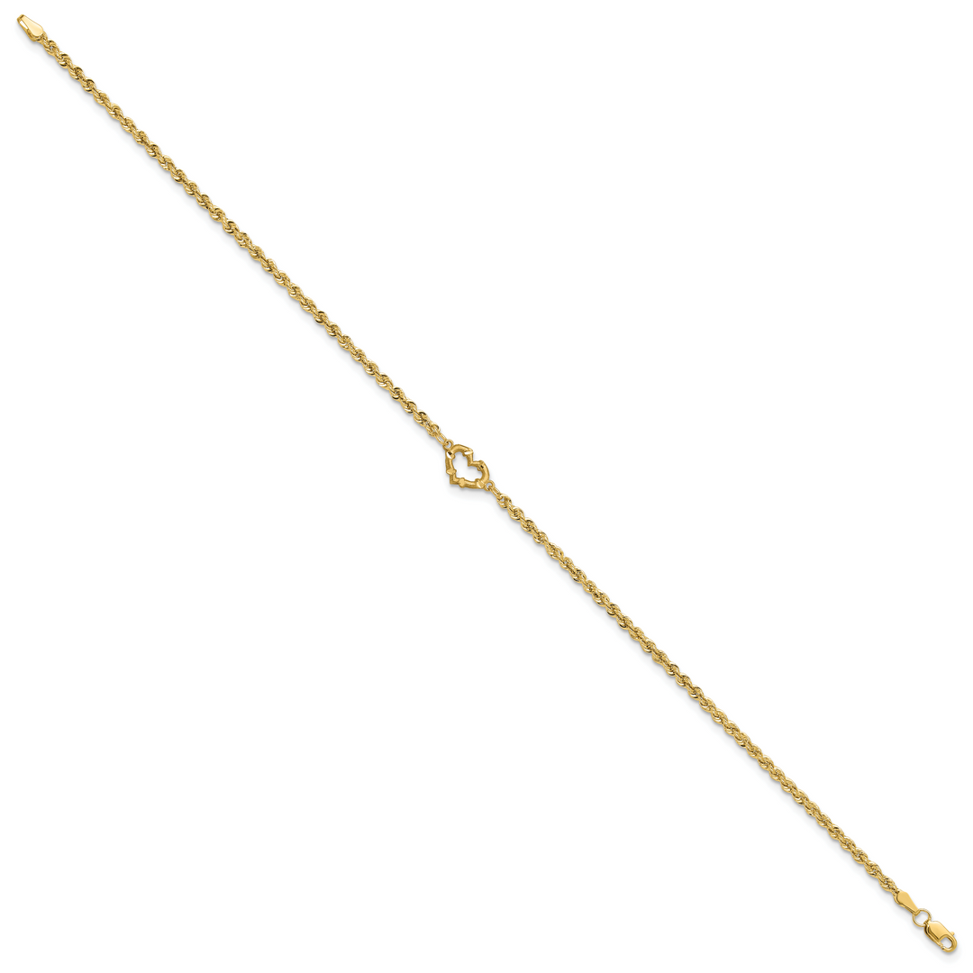 14k Diamond-cut Rope with Heart 11in Anklet