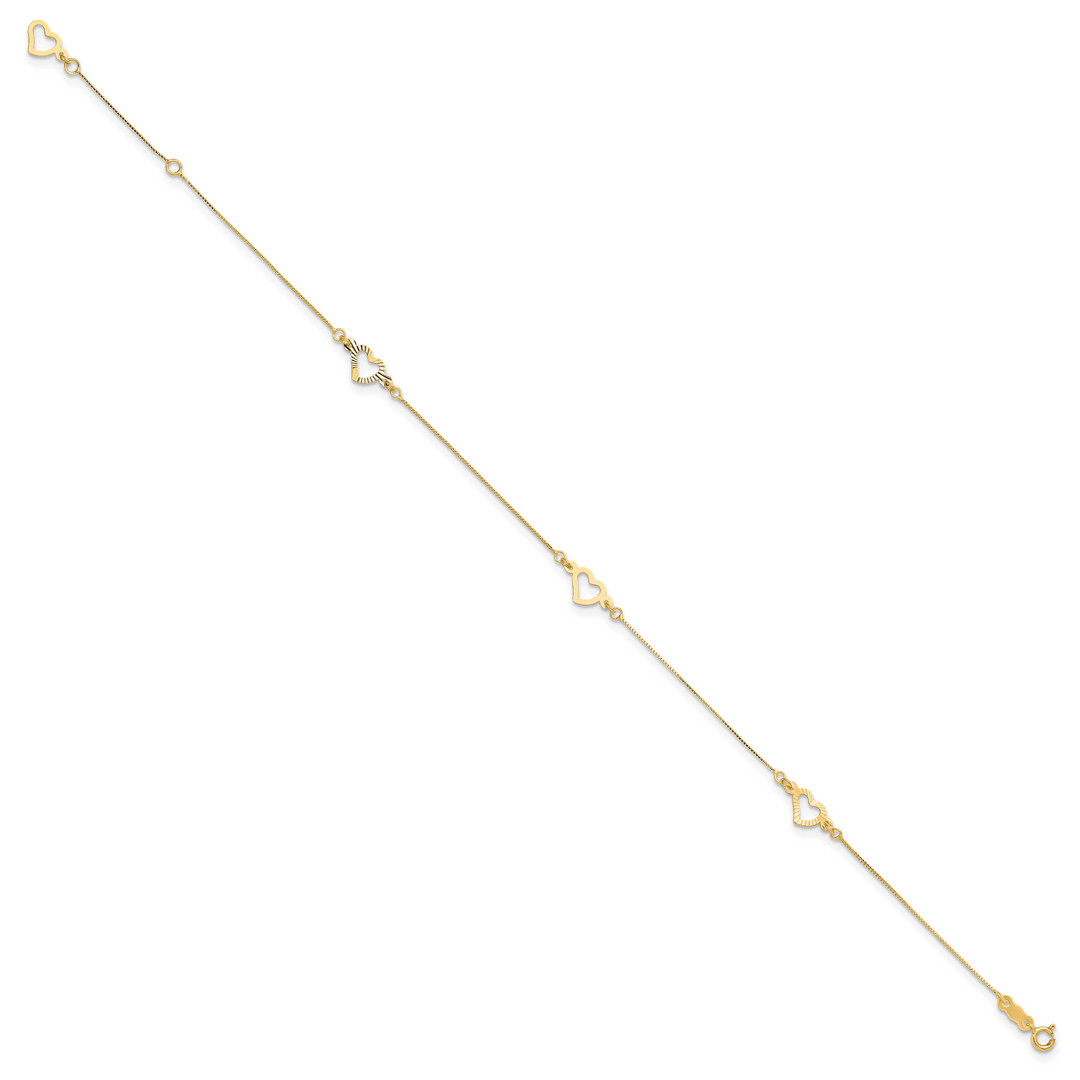 14K Adjustable Fancy Heart 9in Plus 1in Ext. Anklet