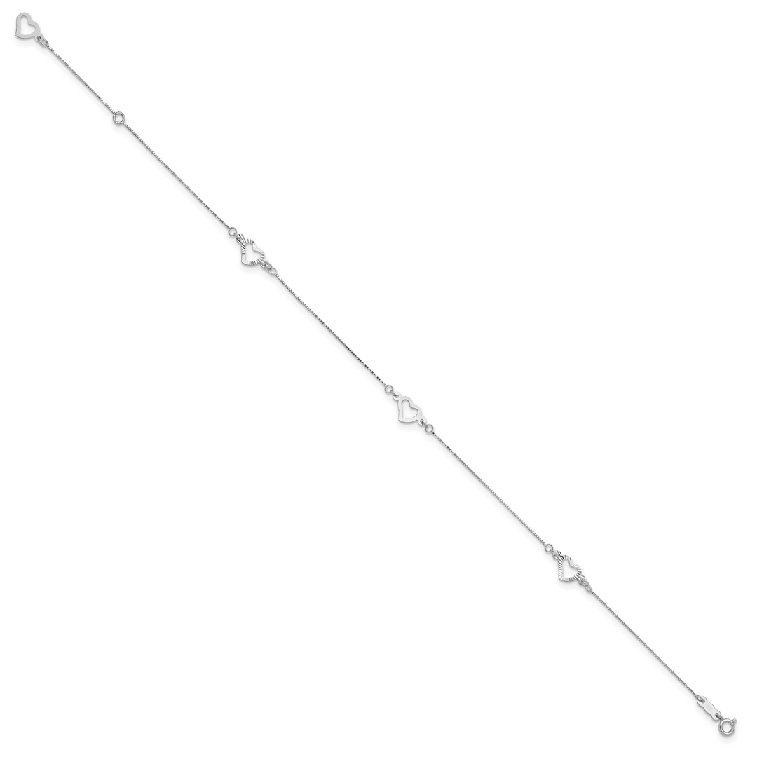 14K White Gold Fancy Heart 9in Plus 1in ext. Anklet