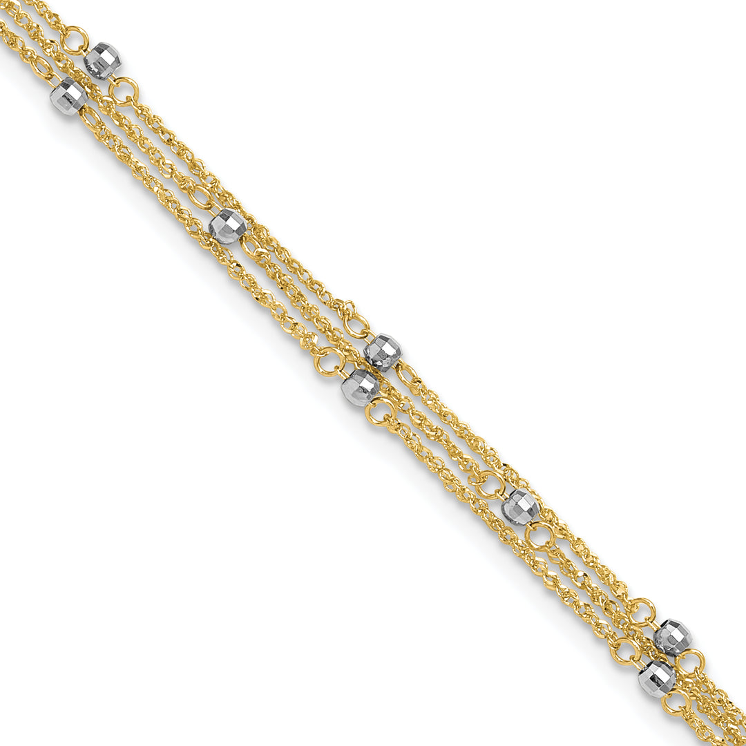 14k Two-tone Triple Strand 10in Plus 1in ext. Anklet