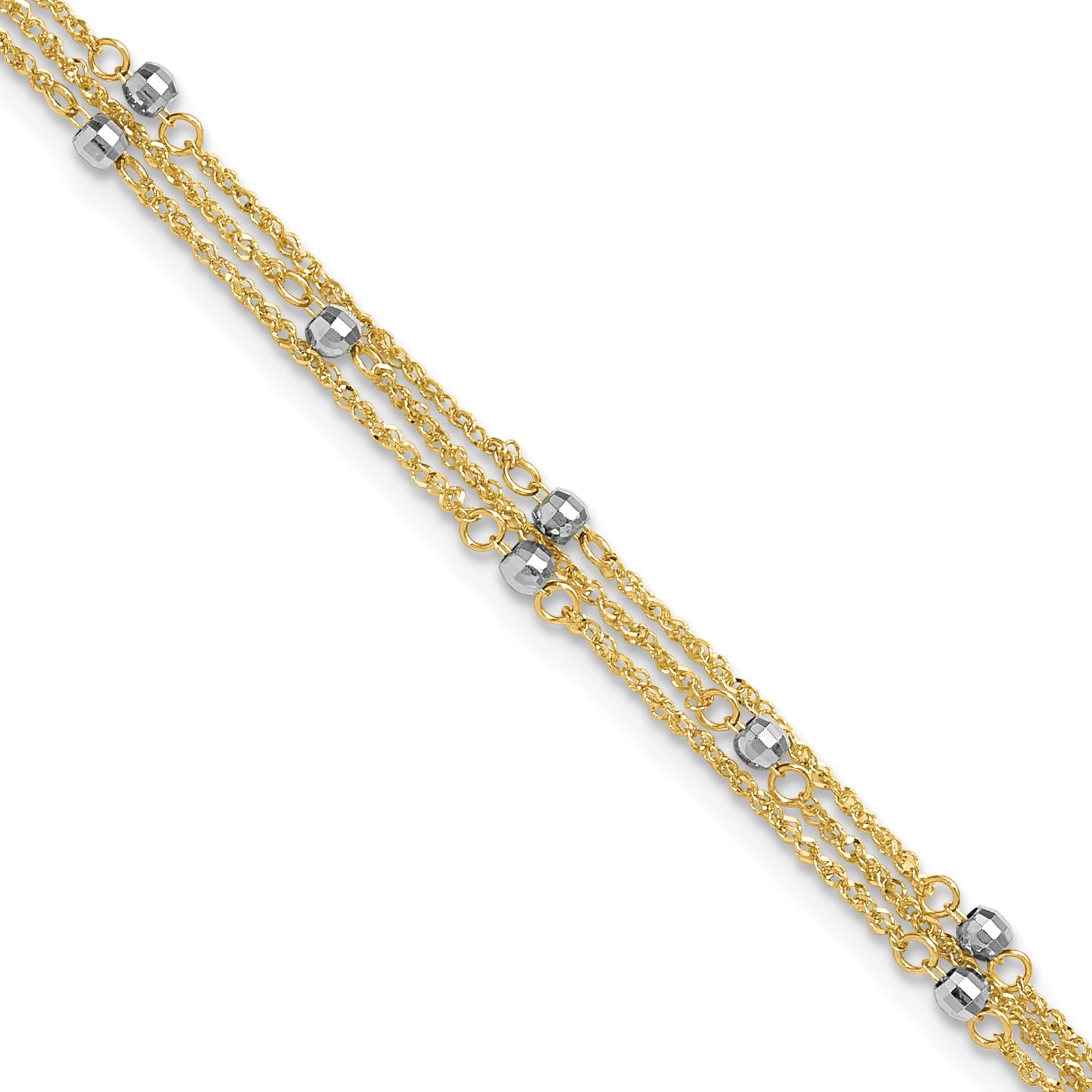 14k Two-tone Triple Strand 10in Plus 1in ext. Anklet