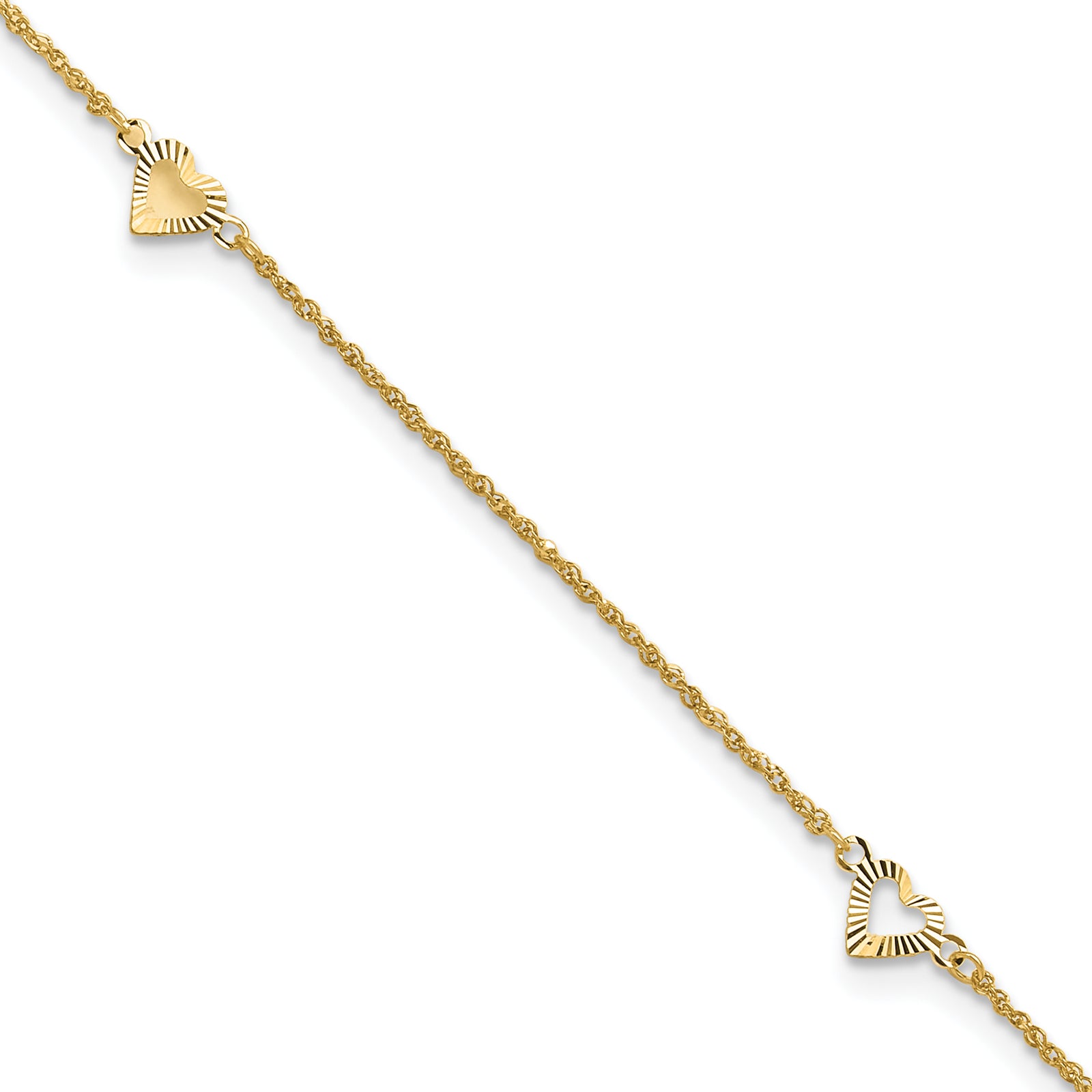14k Diamond-cut Hearts 9in Plus 1in ext Anklet