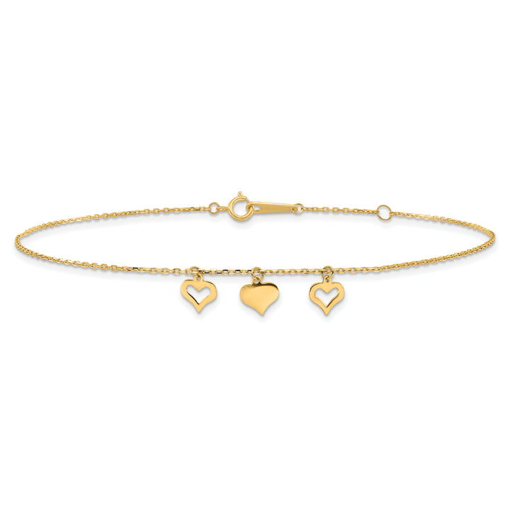 14k 3 Hearts 9in Plus 1in Extension Anklet