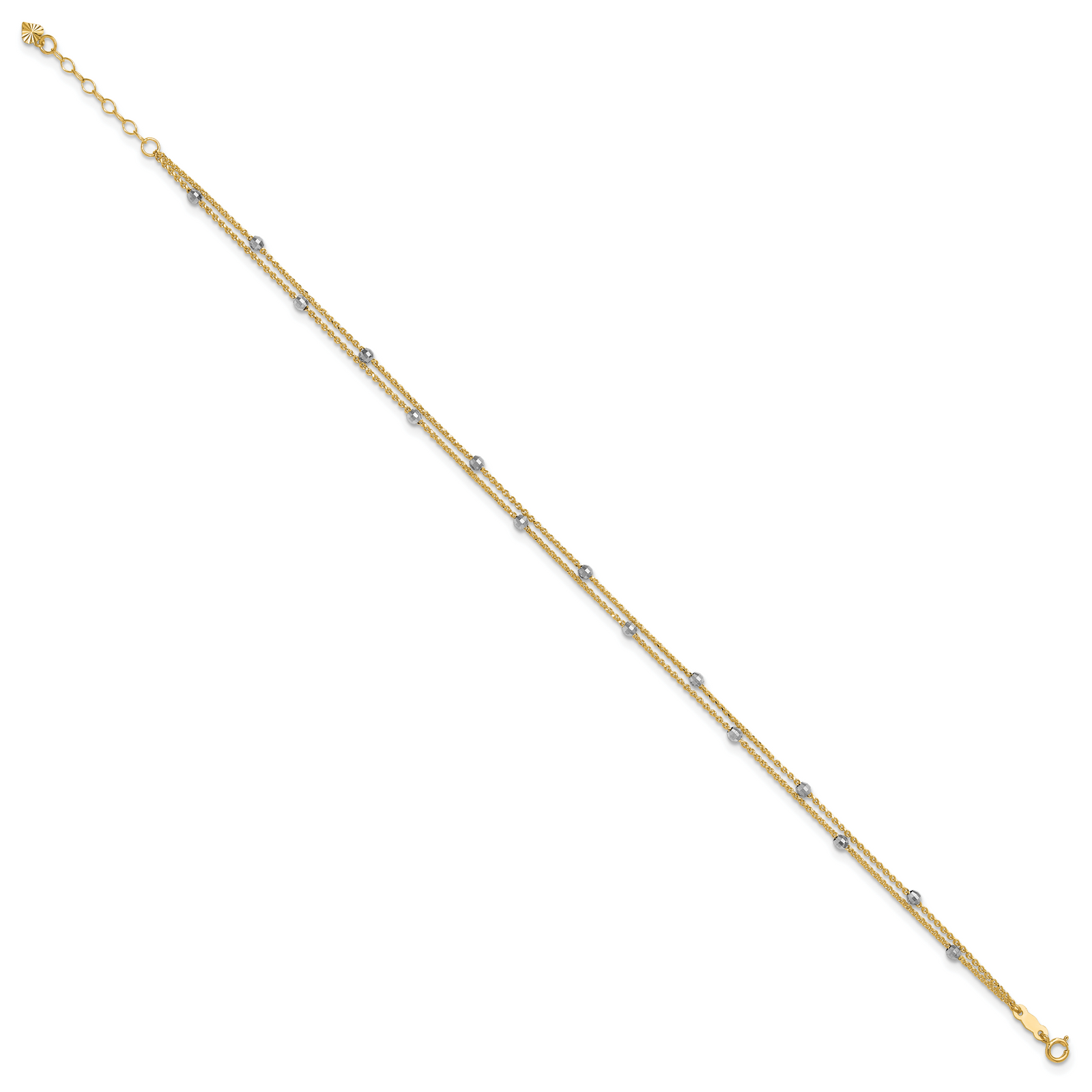 14K Two-tone 2-Strand Spiga Mirror Beads 9in Plus 1in Ext. Anklet