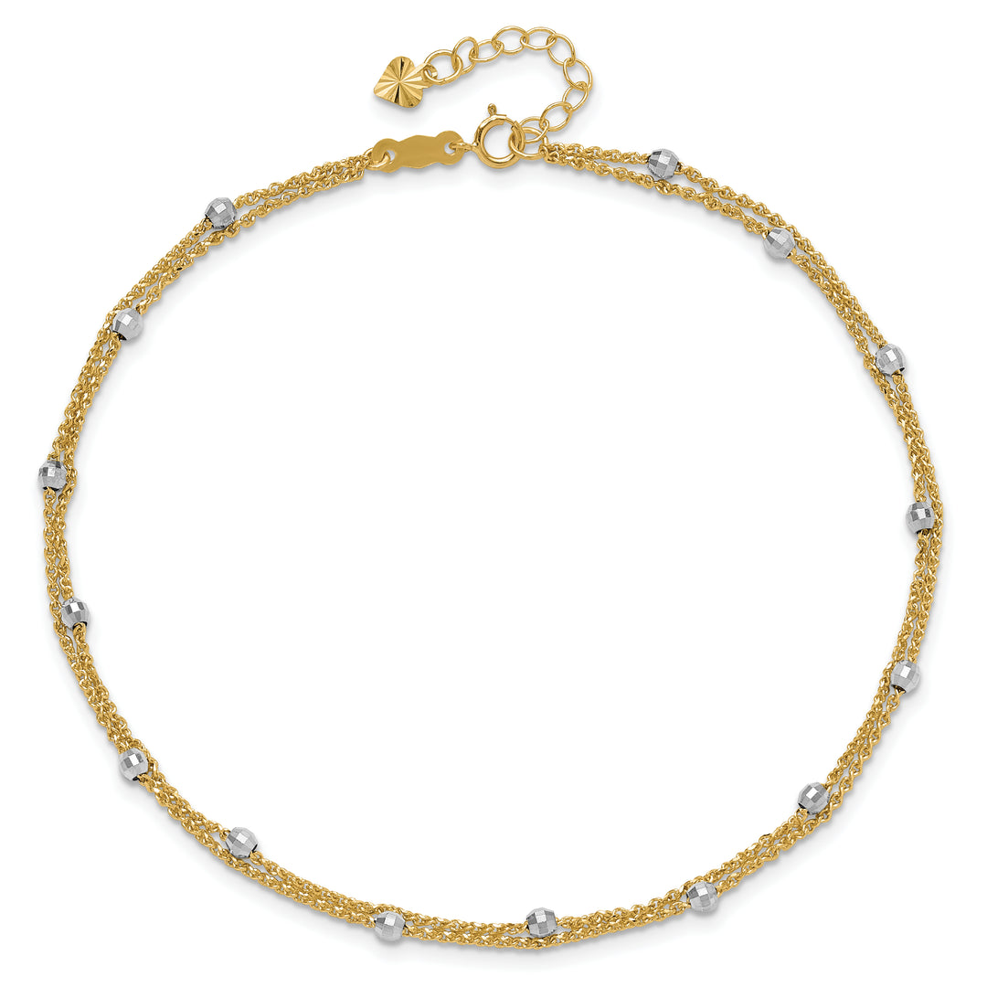 14K Two-tone 2-Strand Spiga Mirror Beads 9in Plus 1in Ext. Anklet