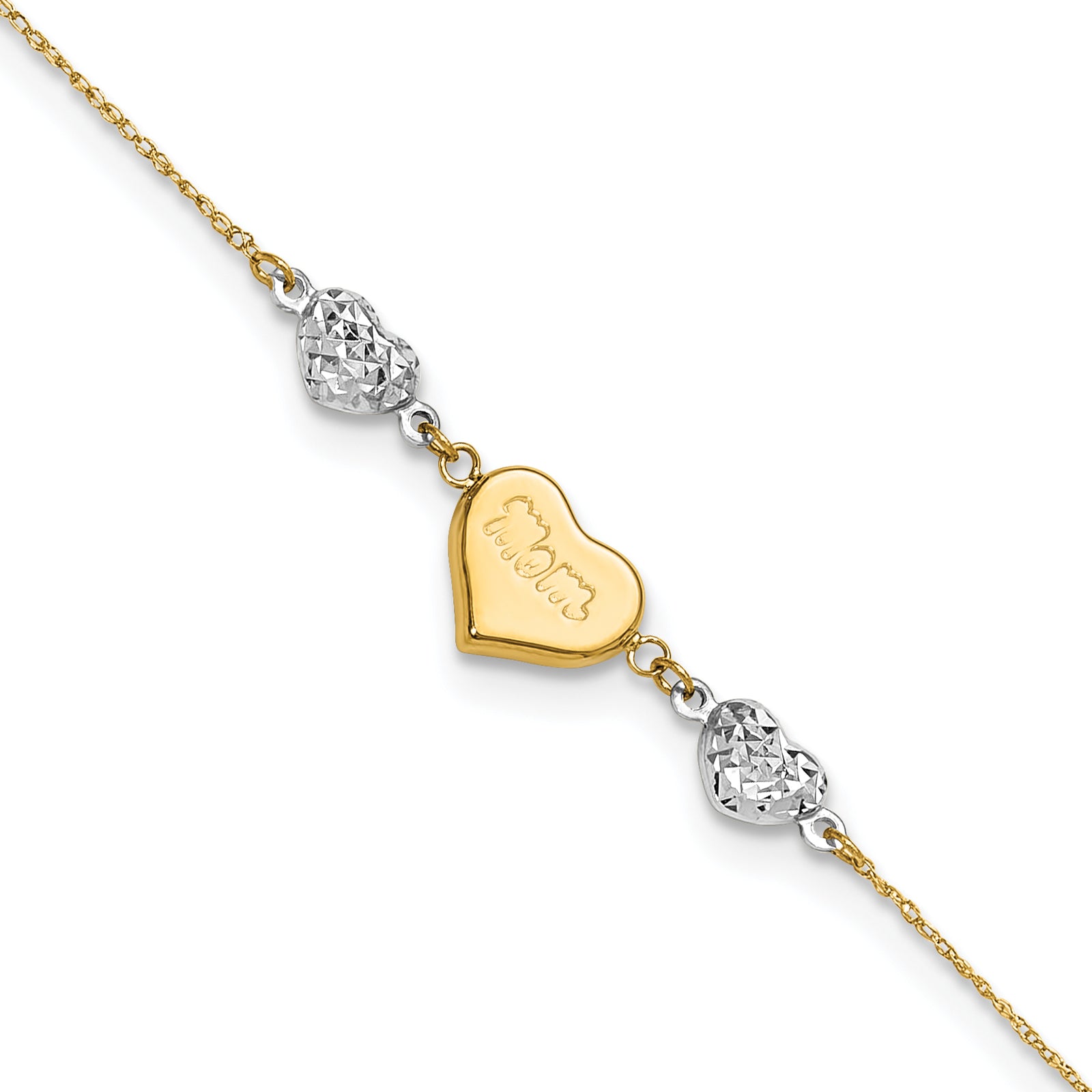 14K Two-tone Diamond-cut Puffed Hearts MOM 9in Plus 1in ext Anklet