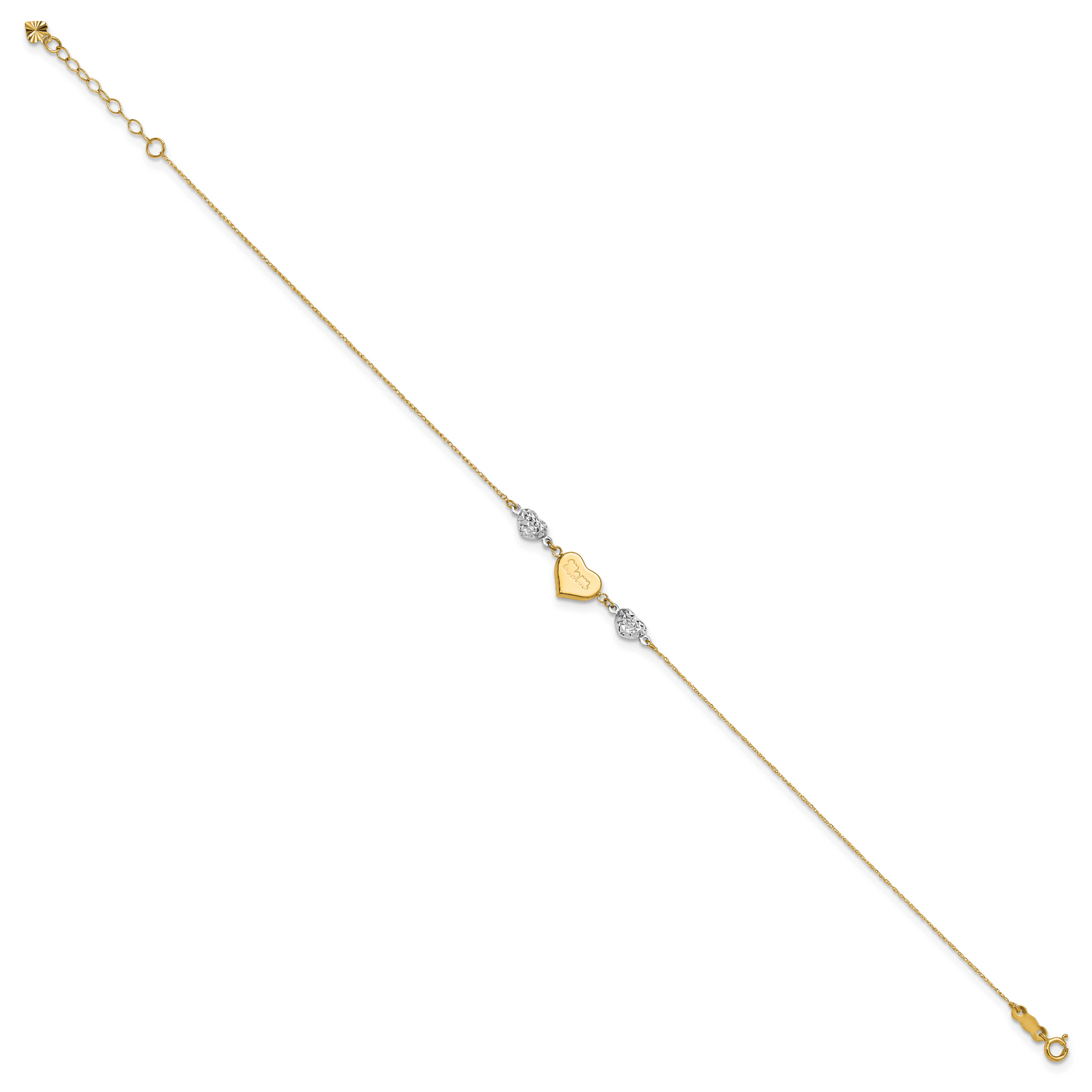 14K Two-tone Diamond-cut Puffed Hearts MOM 9in Plus 1in ext Anklet