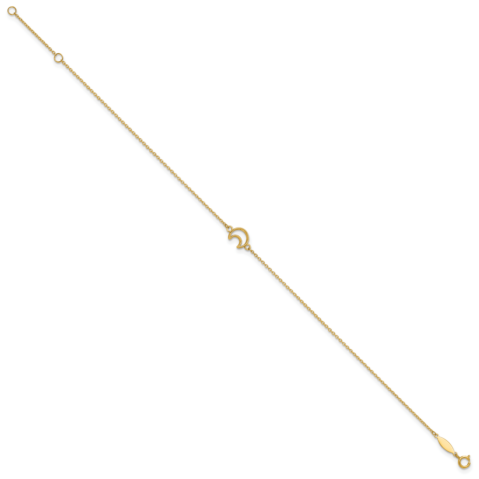 14K Gold Textured and Polished Moon 9in Plus 1in ext. Anklet