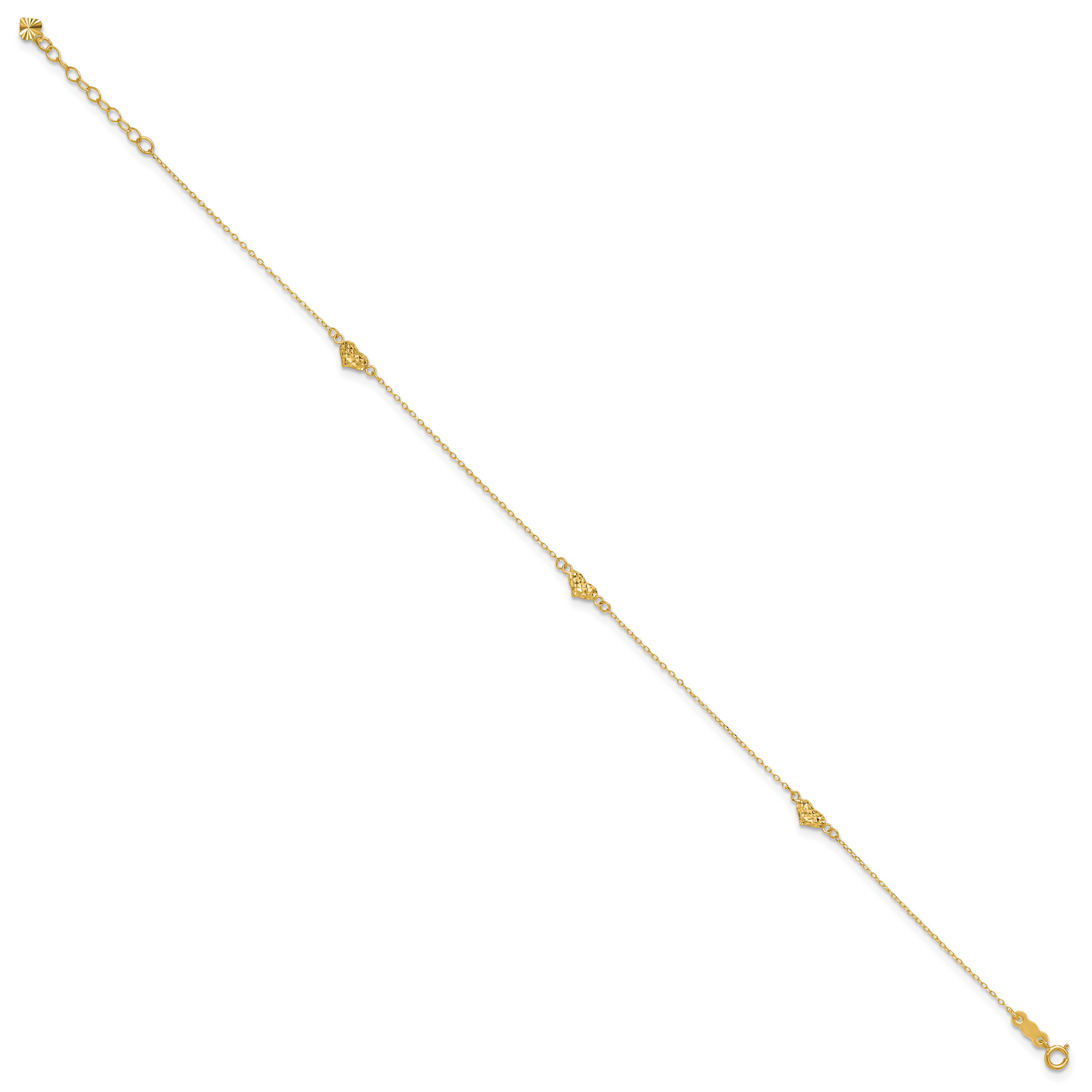 14k Polished Diamond-cut Triple Puffed Hearts 9in Plus 1in. Ext. Anklet