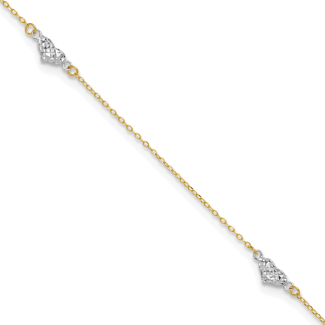 14k Two-tone Polished D/C Triple Hearts 9in w/1in. Ext. Anklet
