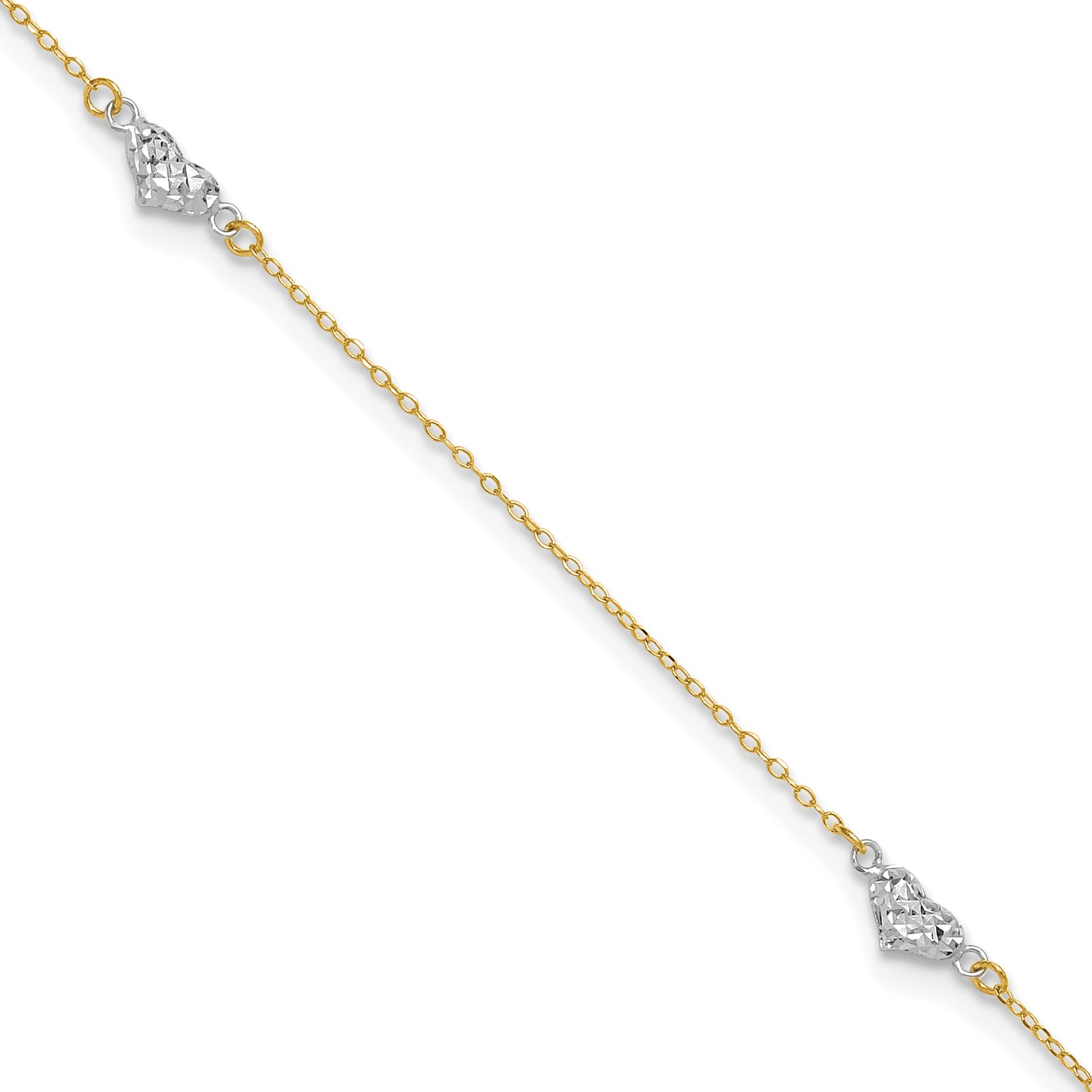 14k Two-tone Polished D/C Triple Hearts 9in w/1in. Ext. Anklet