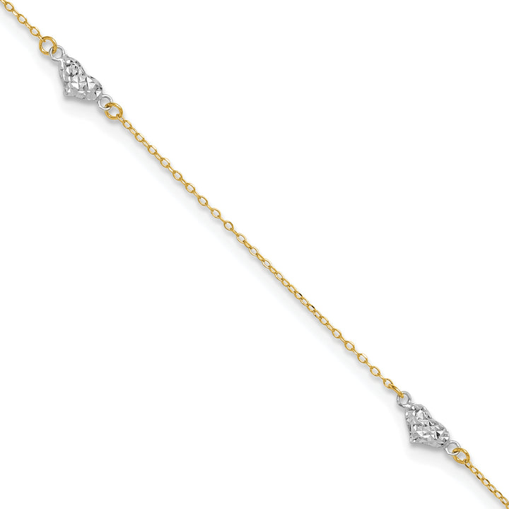 14k Two-tone Polished D/C Triple Hearts 9in w/1in. Ext. Anklet