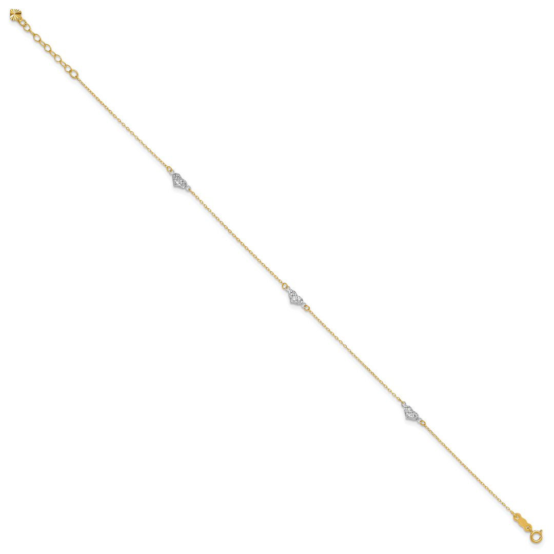 14k Two-tone Polished D/C Triple Hearts 9in w/1in. Ext. Anklet