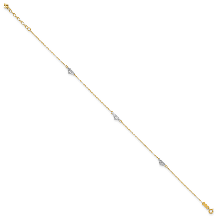 14k Two-tone Polished D/C Triple Hearts 9in w/1in. Ext. Anklet