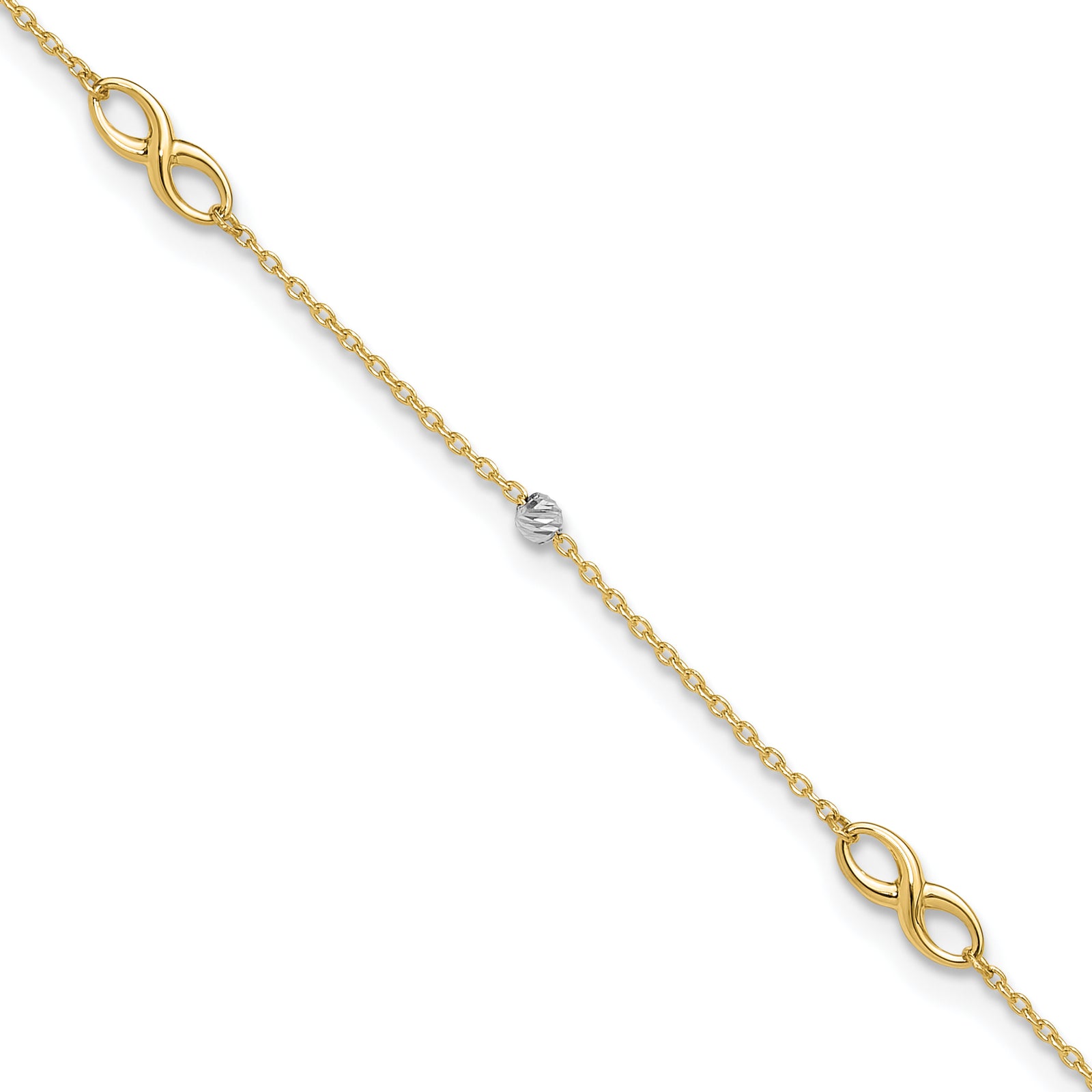 14K Two-Tone Diamond-cut Beads and Infinity 10in Plus 1in ext. Anklet
