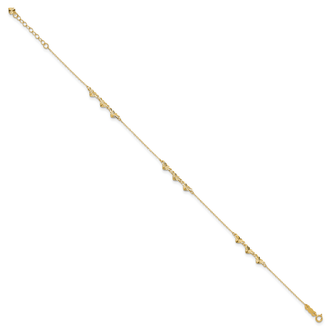 14K Diamond-cut Hearts 9in Plus 1in ext  Anklet