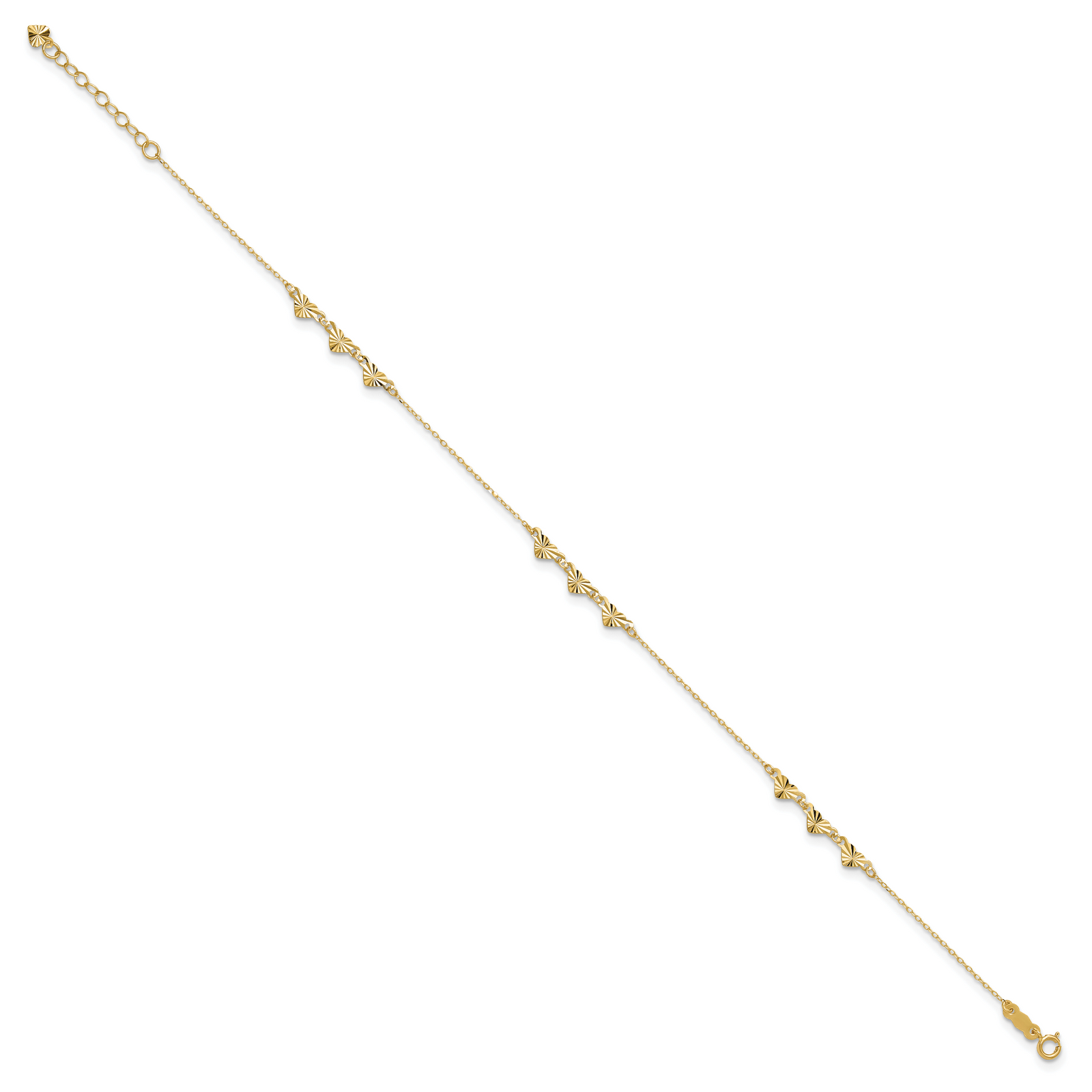 14K Diamond-cut Hearts 9in Plus 1in ext  Anklet