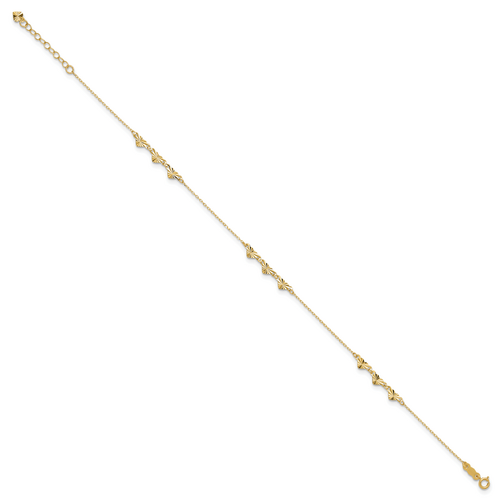 14K Diamond-cut Hearts 9in Plus 1in ext  Anklet
