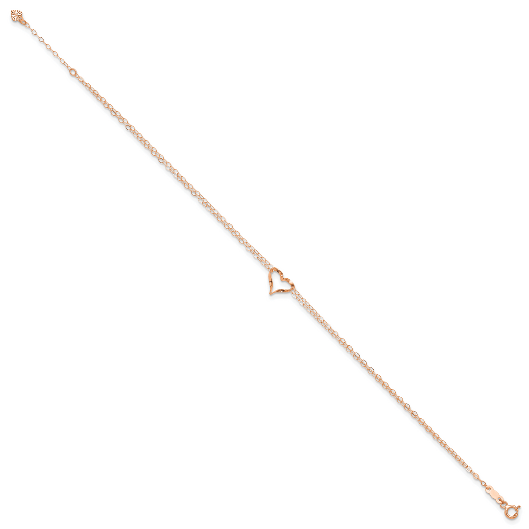 14k Rose Gold Double Strand Heart 9in Plus 1in Ext Anklet