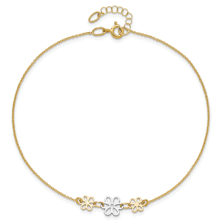 14K Two-tone Polished Three Flower 9in Plus 1in ext Anklet