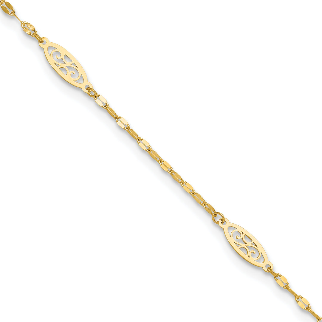 14K Polished Fancy Filigree Link 9in Plus 1 in ext. Anklet