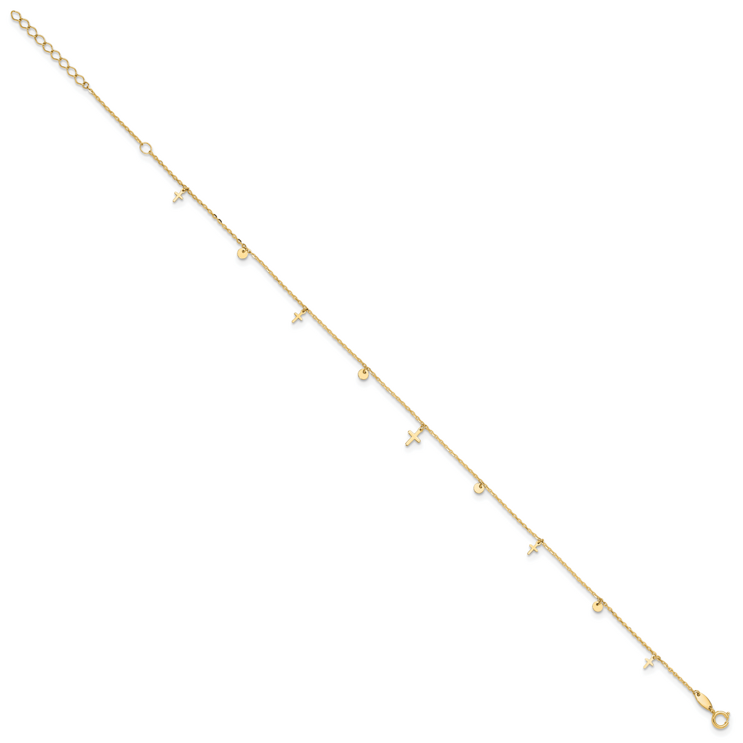 14K Polished Crosses 9in Plus 2in ext. Anklet