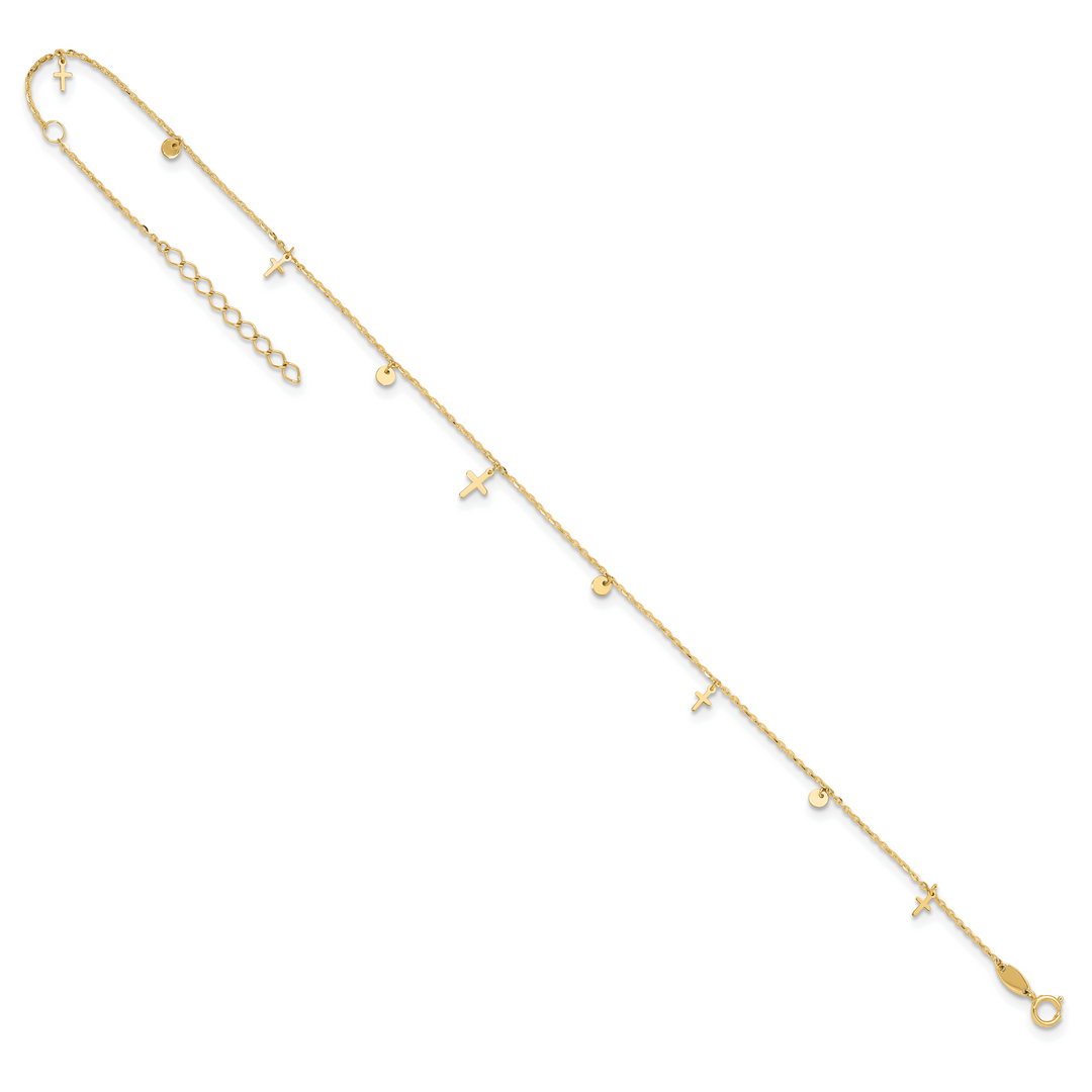 14K Polished Crosses 9in Plus 2in ext. Anklet