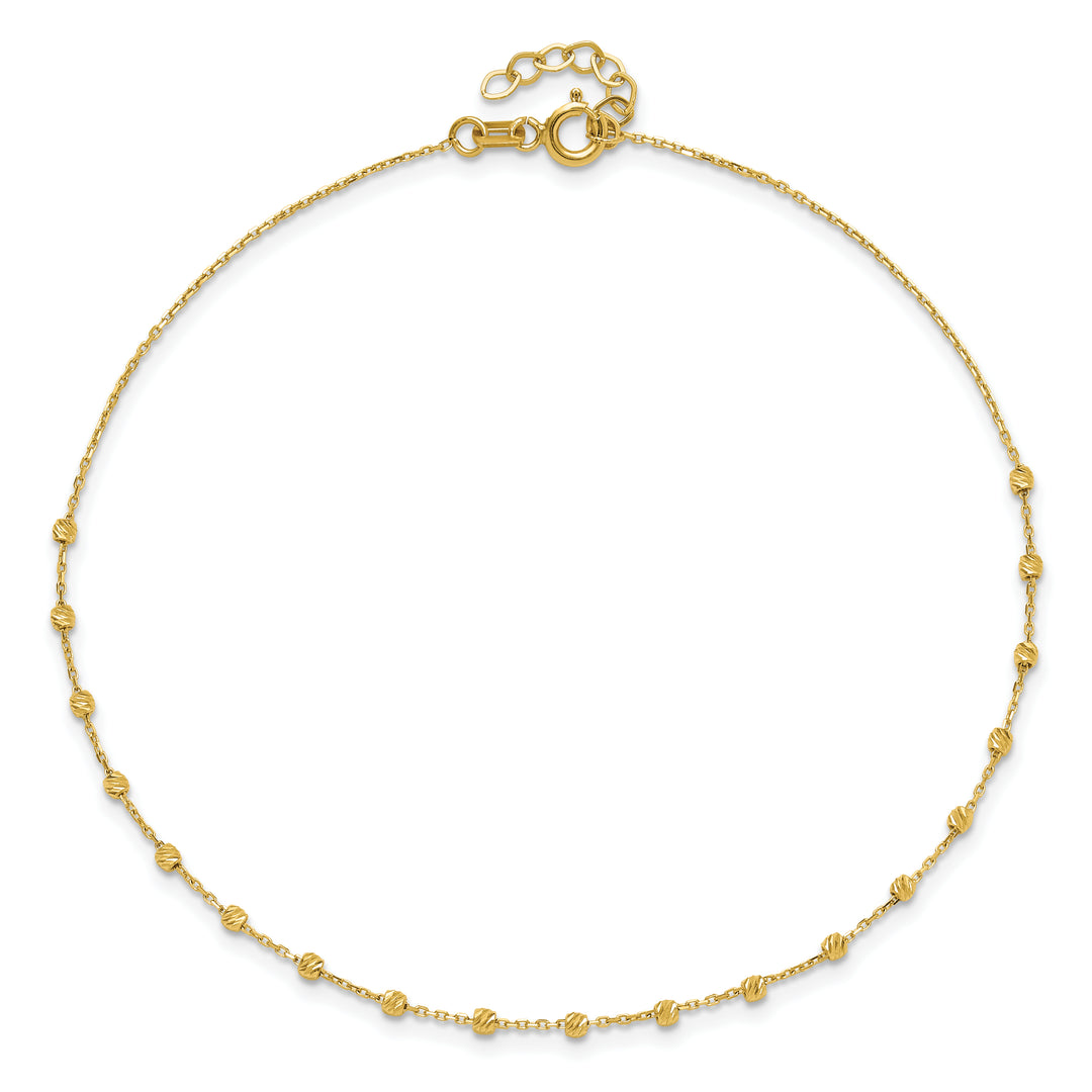 14K Polished Diamond-cut Beaded 9in Plus .75in ext. Anklet