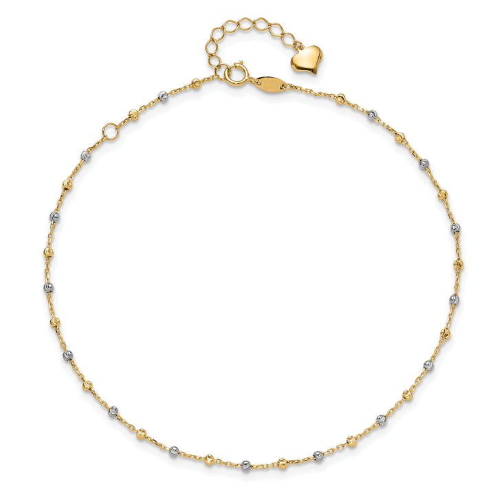 14K Two-tone Polished and Diamond-cut Beads 10in Plus 1in ext. Anklet