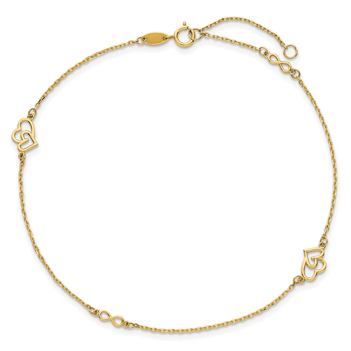 14k Polished Hearts and Infinity 9in Plus 1in ext. Anklet