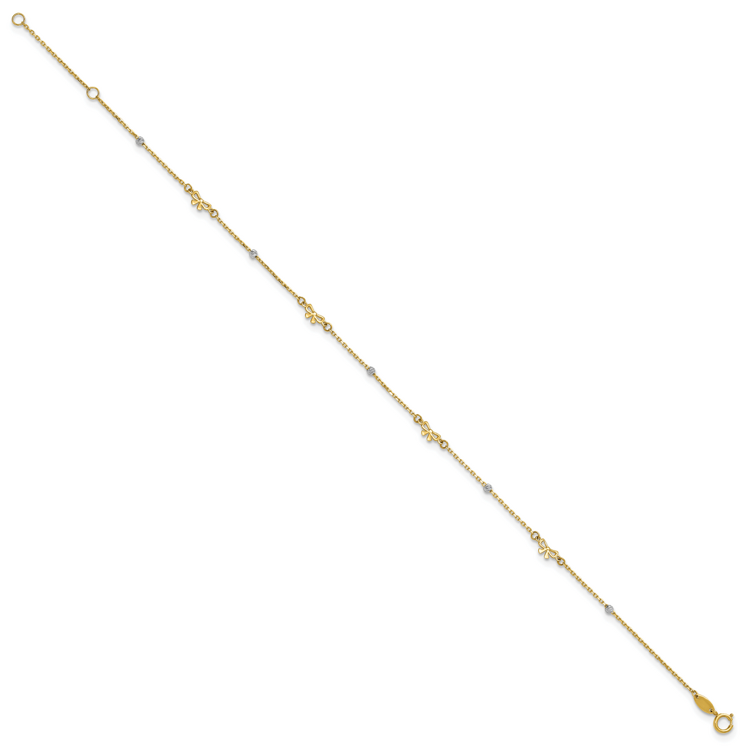 14k Two-tone Polished 9in Plus 1in ext. D/C Bead and Bows Anklet