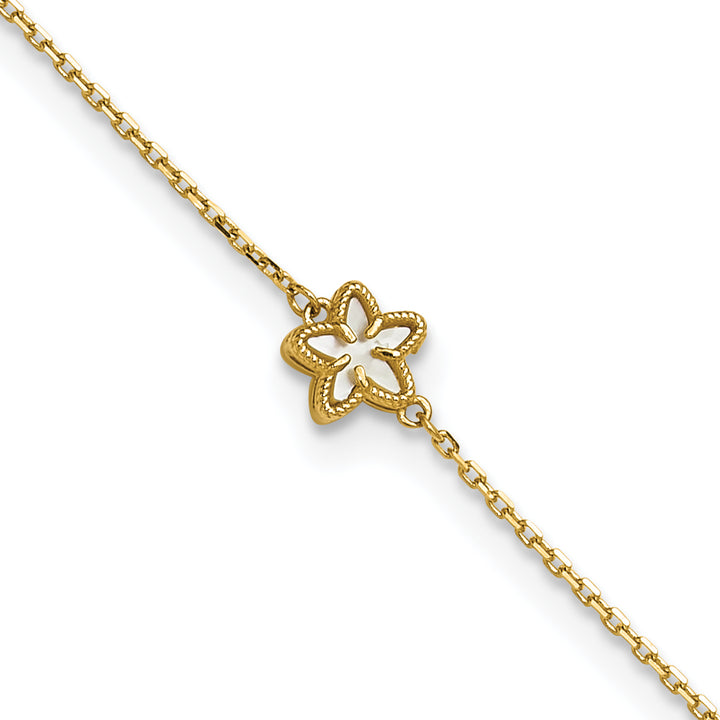 14K Polished Mother of Pearl Flower 9in Plus 1in ext. Anklet