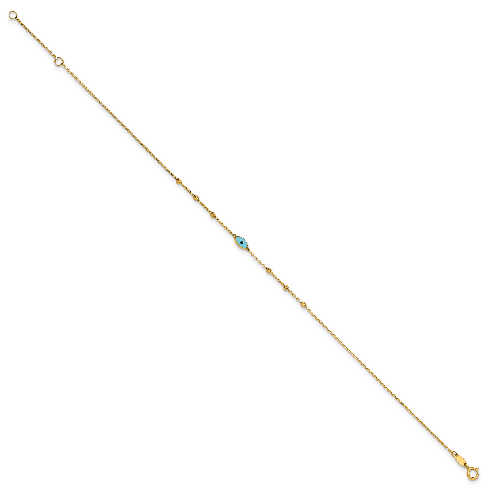 14k Diamond-cut Stations Blue Glass Evil Eye 9in Plus 1in ext. Anklet