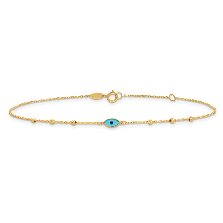 14k Diamond-cut Stations Blue Glass Evil Eye 9in Plus 1in ext. Anklet