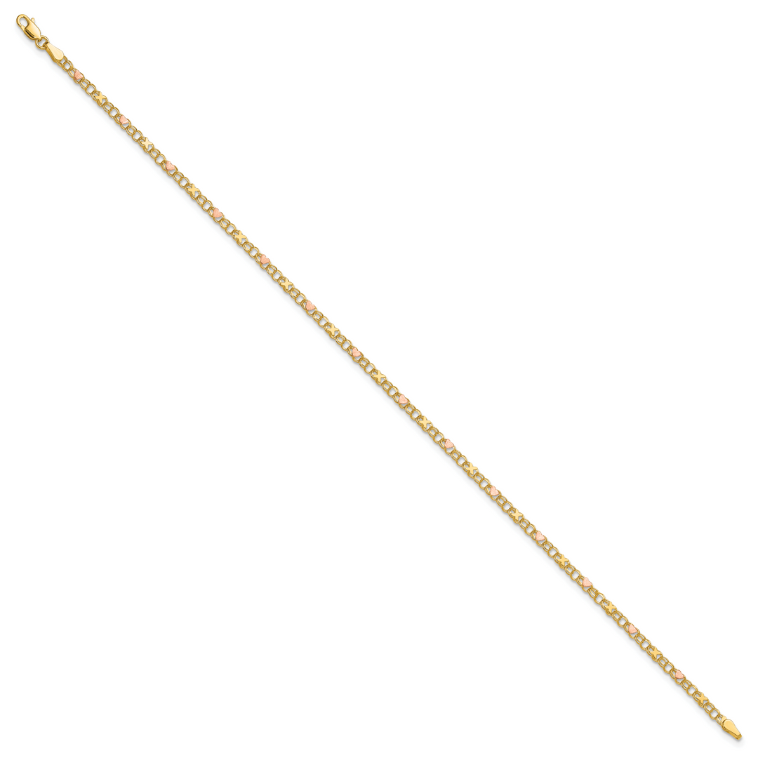 14k and Rose Xs and Hearts 9in Anklet