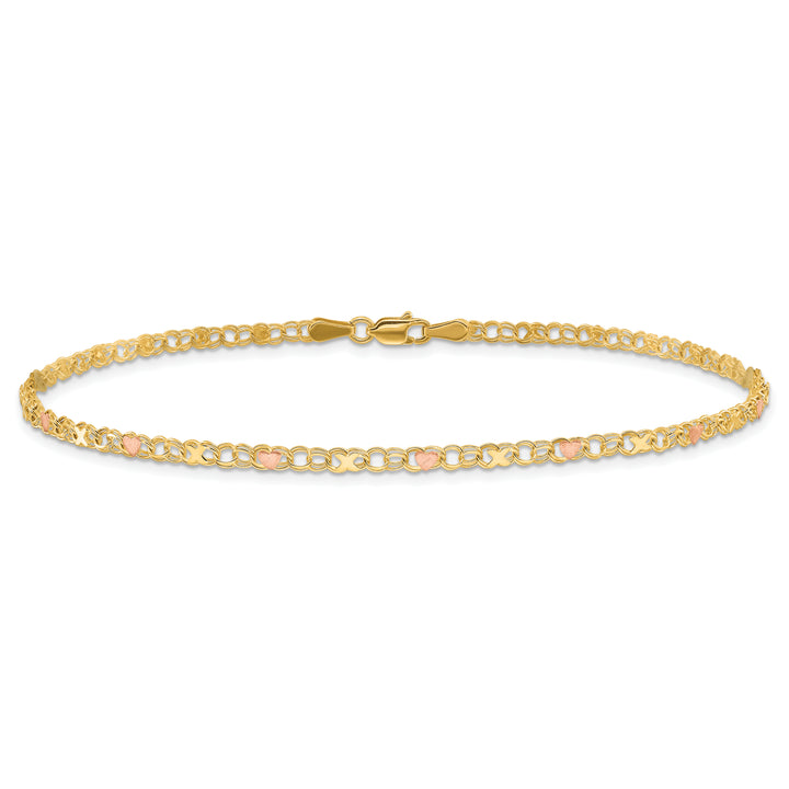 14k and Rose Xs and Hearts 9in Anklet