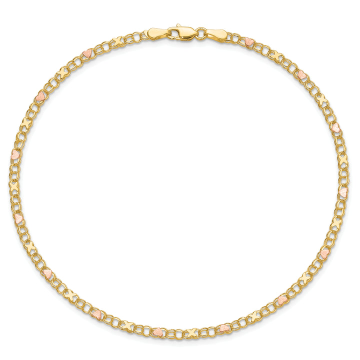 14k and Rose Xs and Hearts 9in Anklet