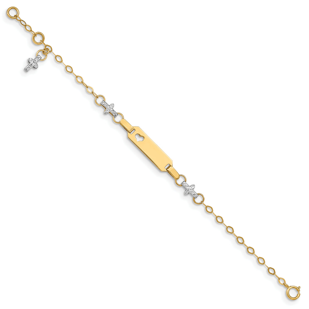 14K Two-tone Baby Polished and Textured Cross w/1in ext. ID Bracelet