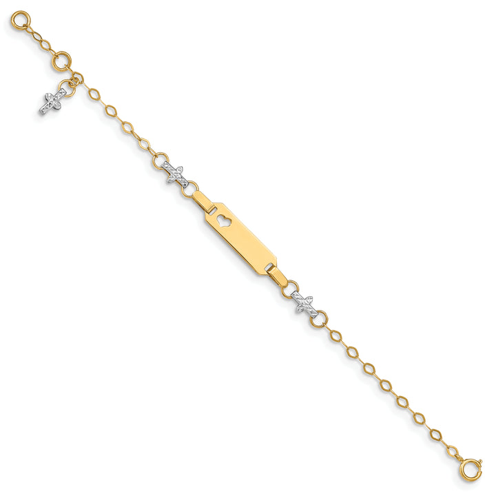 14K Two-tone Baby Polished and Textured Cross w/1in ext. ID Bracelet