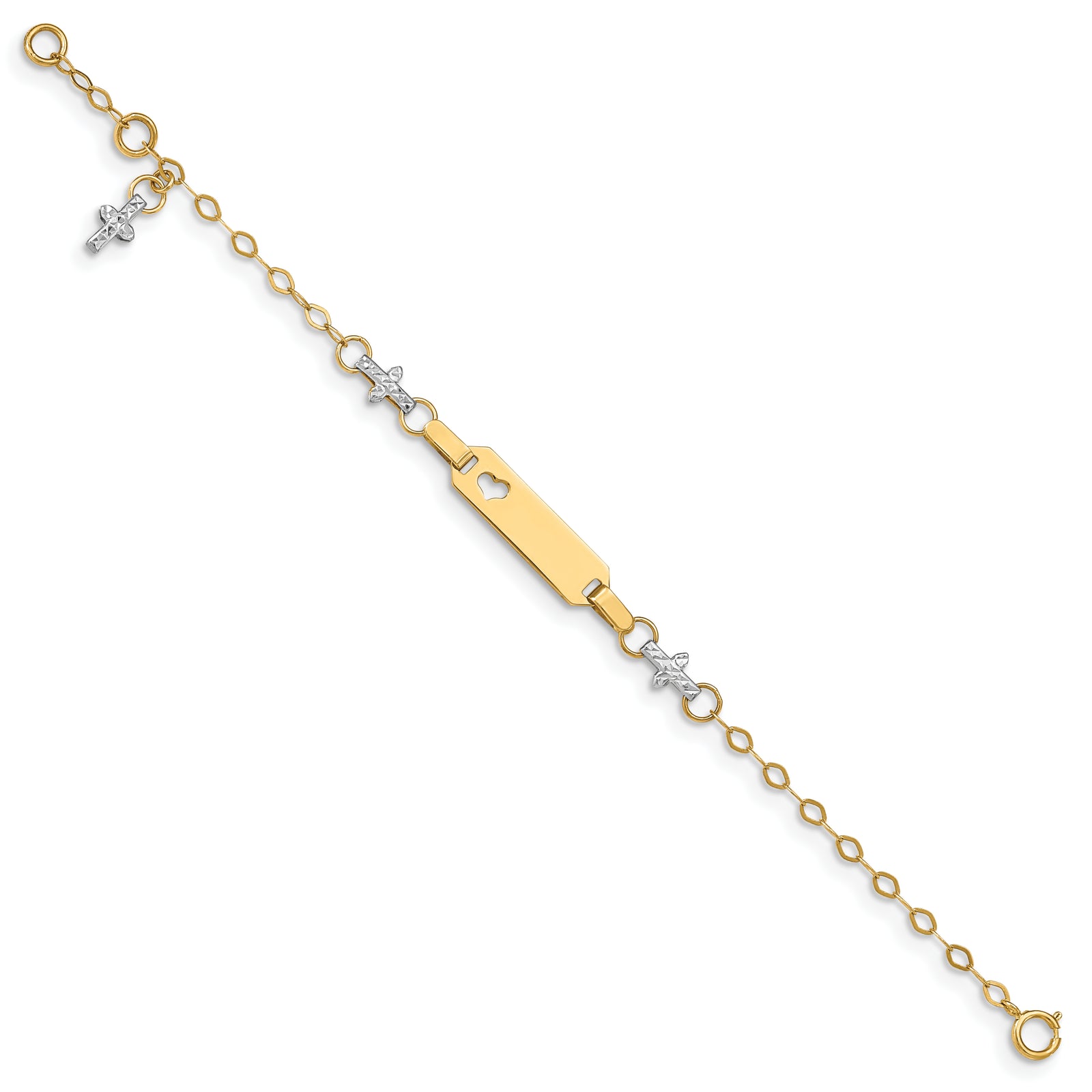 14K Two-tone Baby Polished and Textured Cross w/1in ext. ID Bracelet