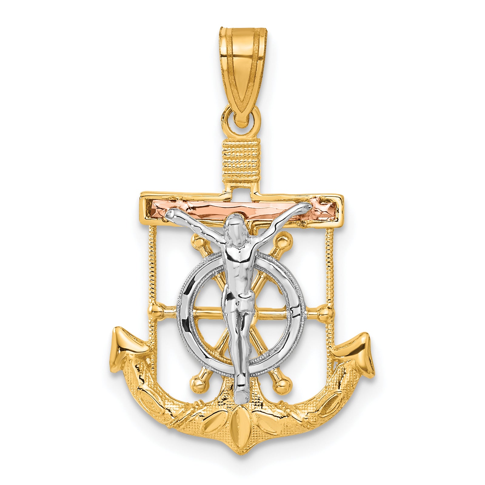 14k Tri-color Diamond-cut w/Textured Mariners Crucifix Pendant