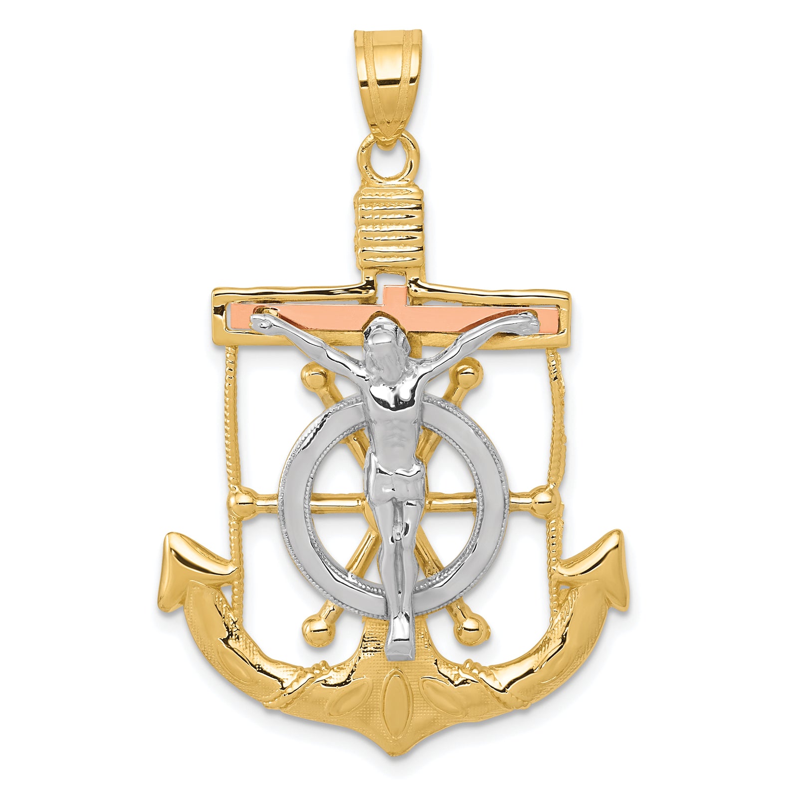 14k Tri-color Diamond-cut w/Textured Mariners Crucifix Pendant