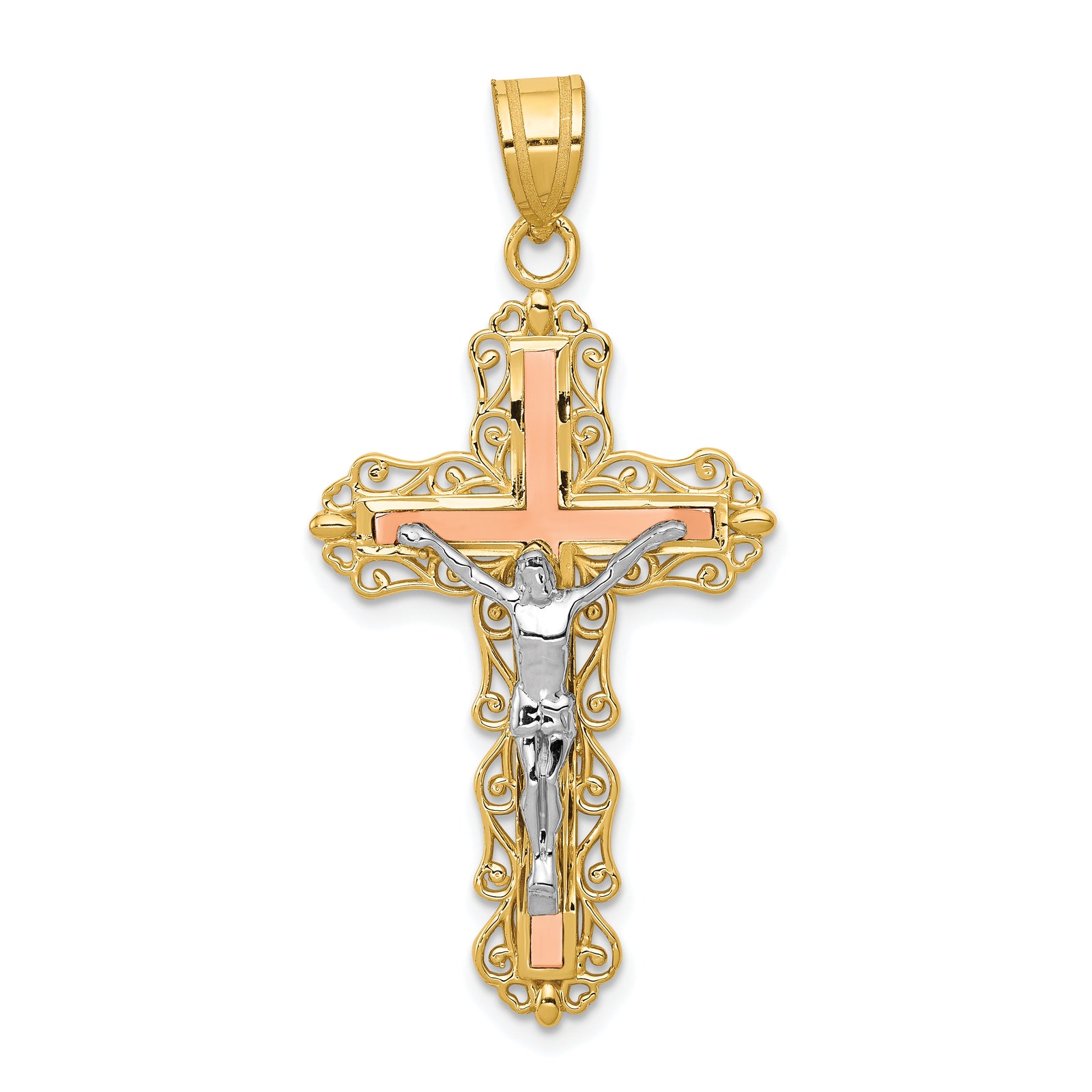 14K Tri-color Diamond-cut Crucifix Pendant