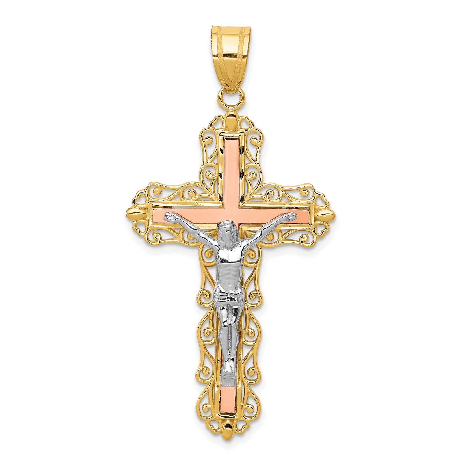 14K Tri-color Diamond-cut Crucifix Pendant