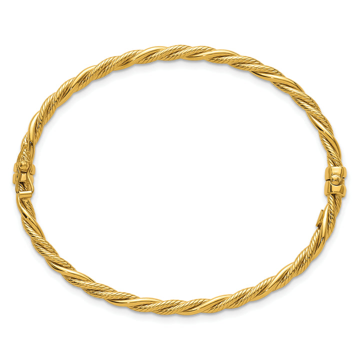 14K Polished and Textured Twisted Hinged Bangle