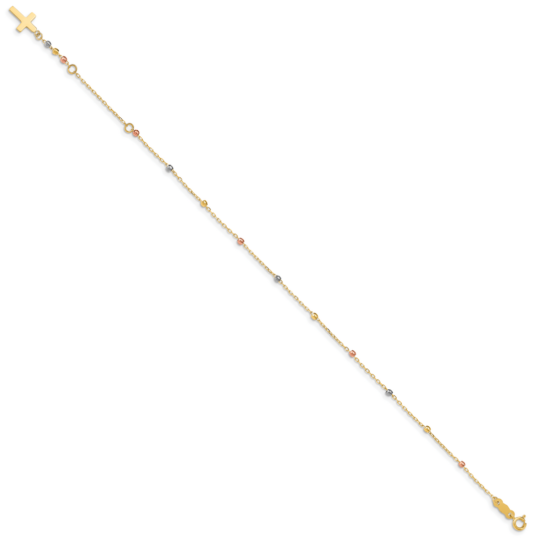 14K Tri Colored Gold Diamond Cut Beaded Cross W/1 IN Ext Bracelet